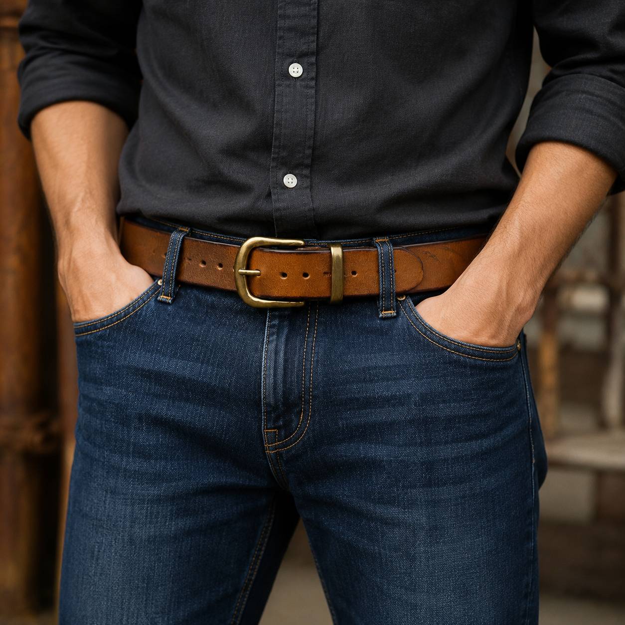 Brown men's casual leather belt — buckle and strap