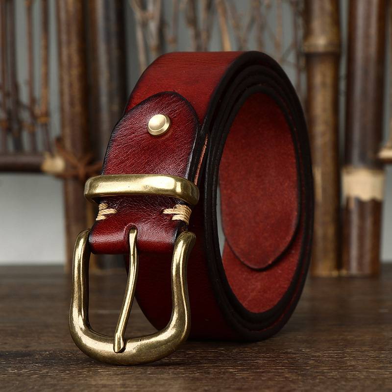 Red men's casual leather belt — studio shot