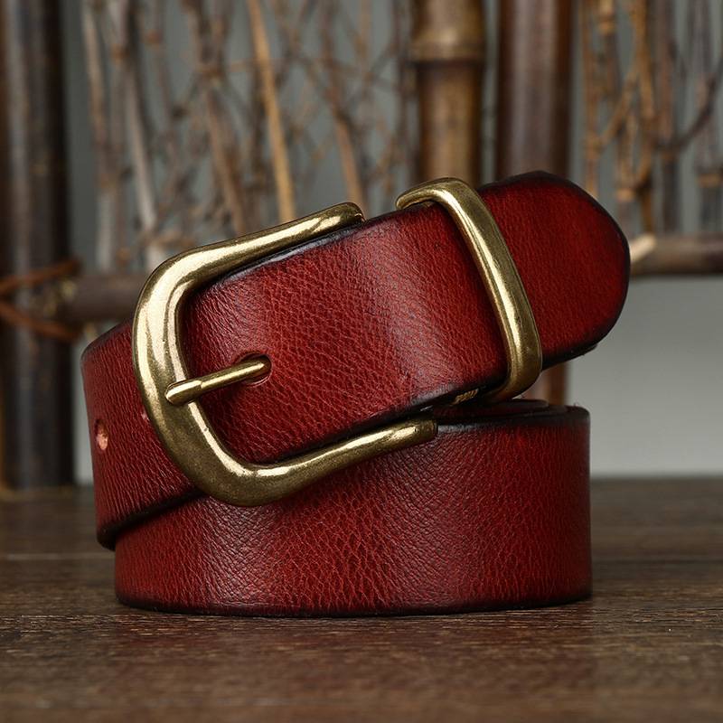 Red men's casual leather belt — buckle detail