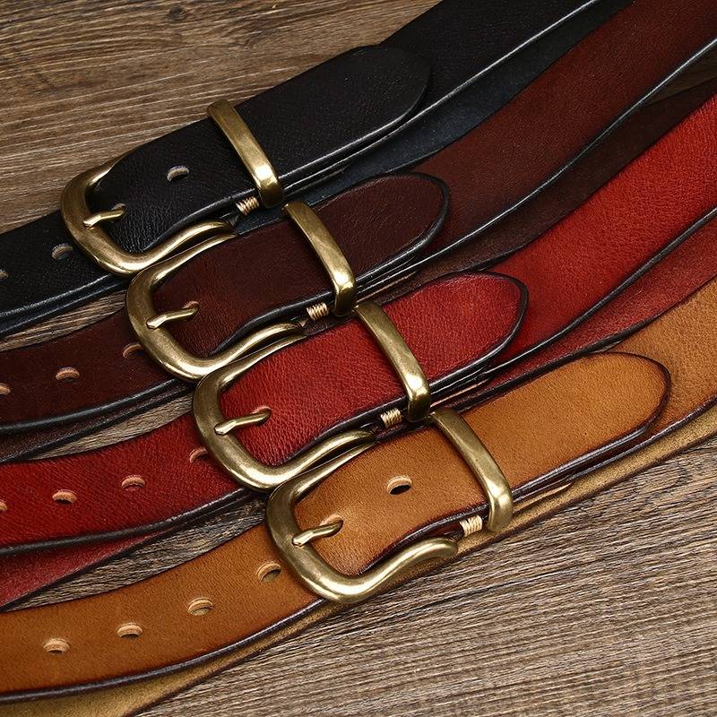 Red men's casual leather belt — flat lay