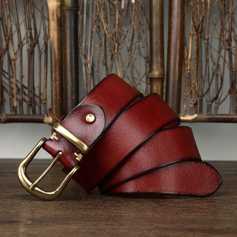 Red men's casual leather belt — texture detail