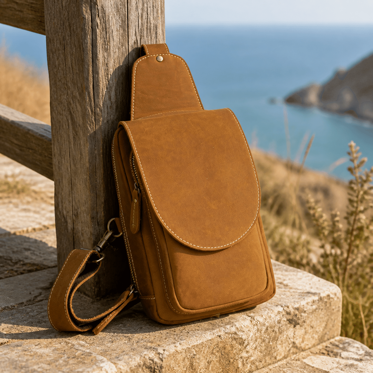 Harbor mini sling bag, Brown leather