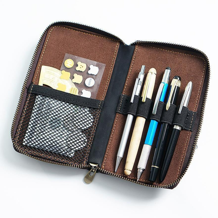 Leather pen organizer with zippered mesh pocket