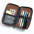Leather pen organizer with zippered mesh pocket