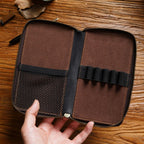 Handmade leather pen case, book-fold design