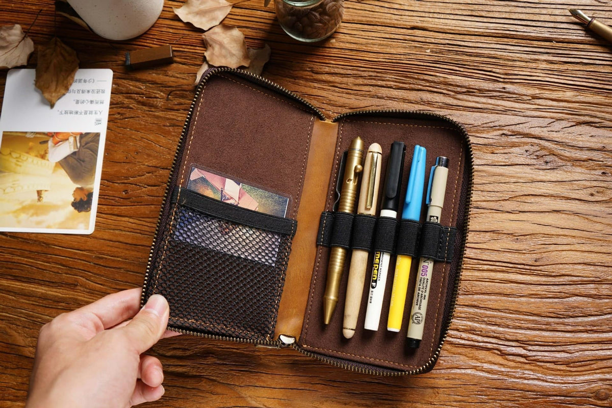Leather pen organizer case, hand-stitched edges