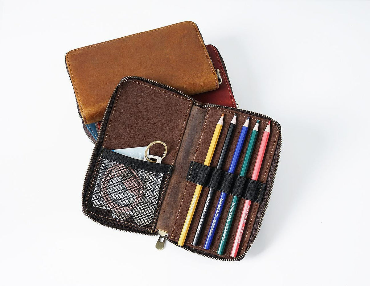 Brown leather book-fold case for desk organization