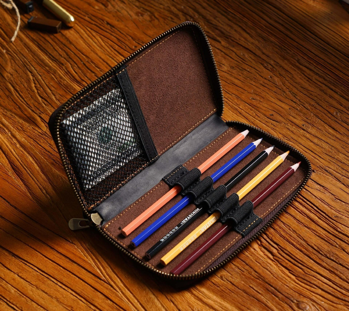 Brown leather pencil case with card slot
