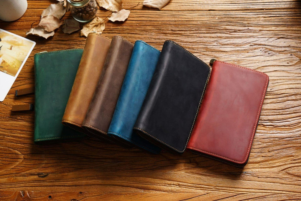 Leather pen organizer case with card and mesh pocket
