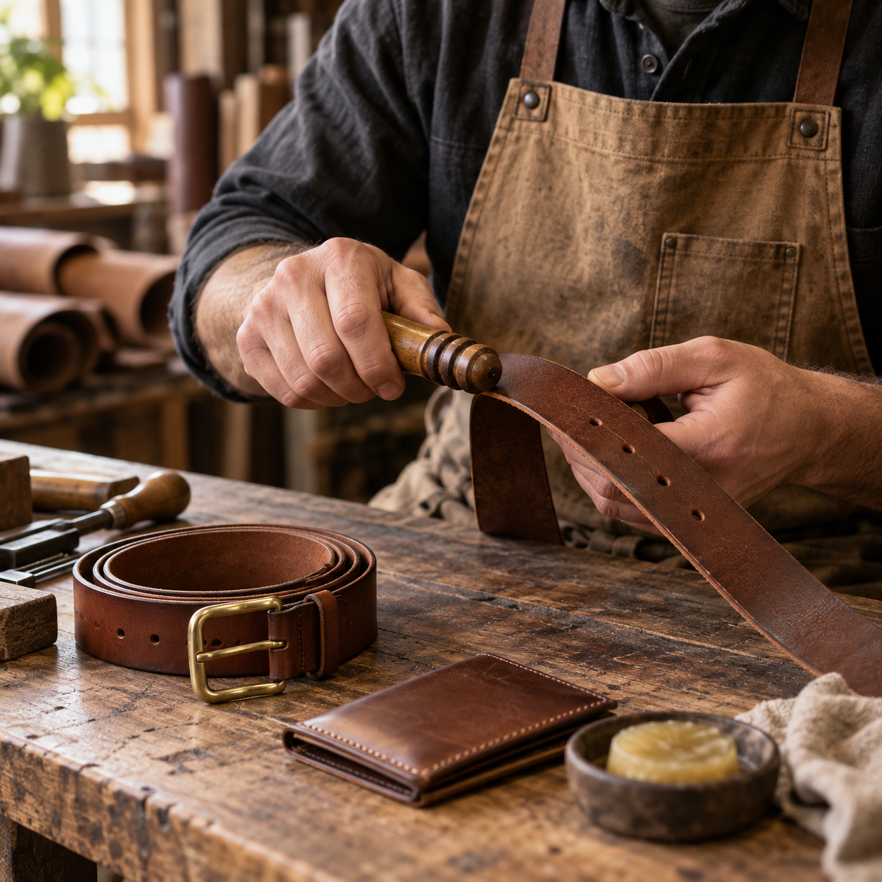 Hands carefully finishing a leather belt in a warm workshop