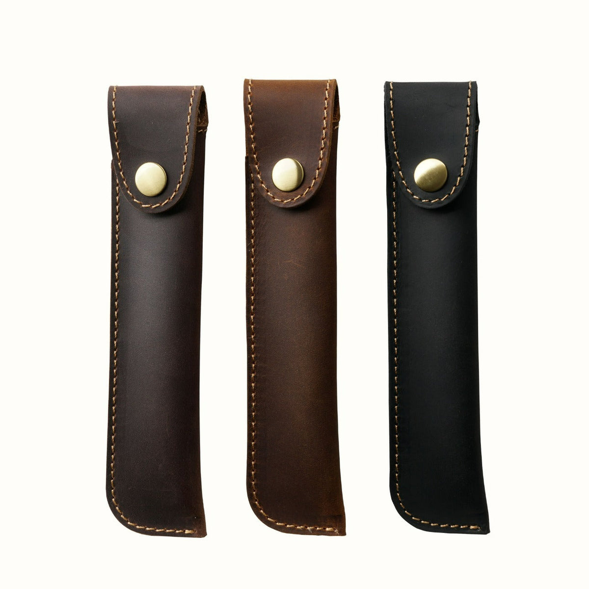 Leather pen sleeve with solid brass snap