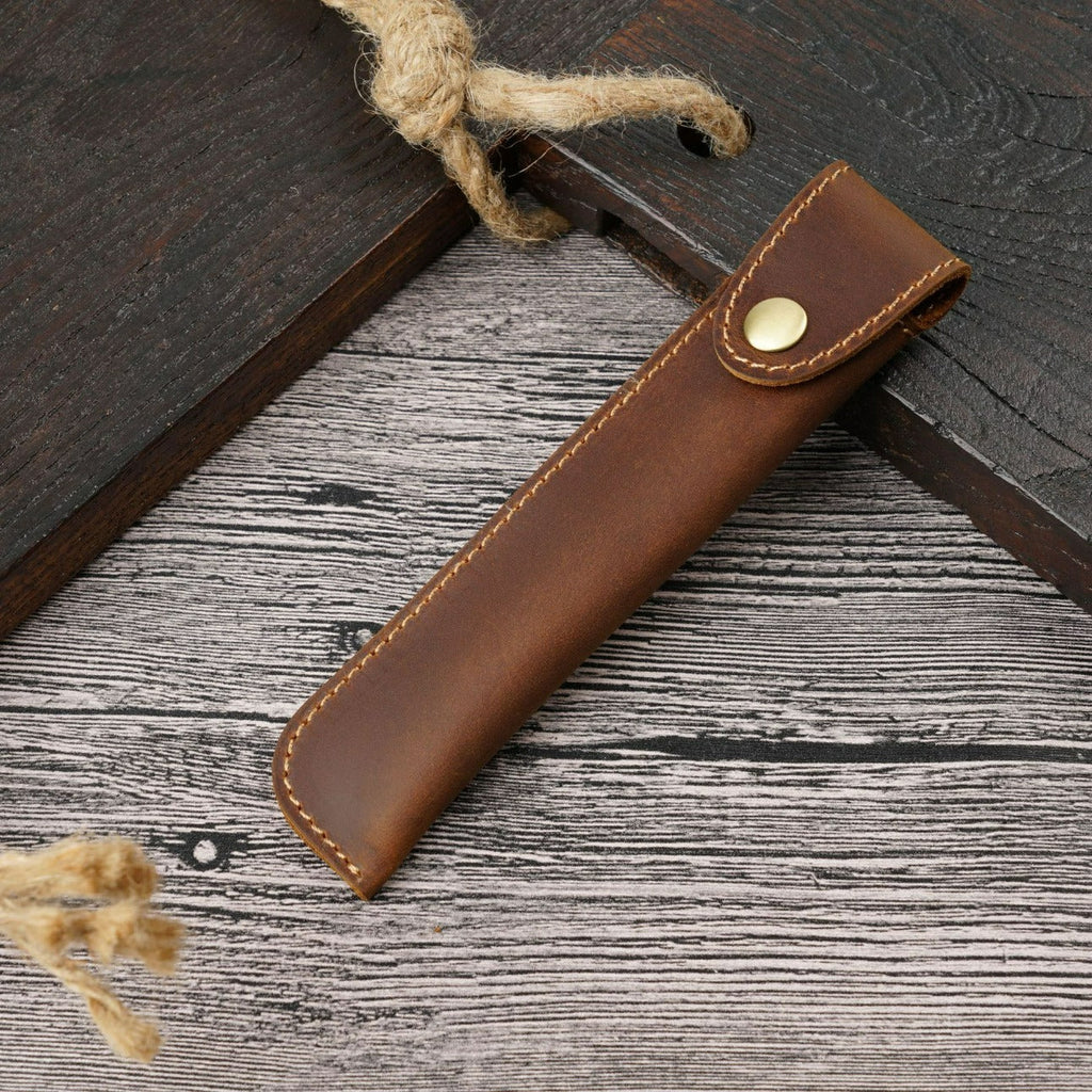 Brown leather pen case, hand-stitched edges