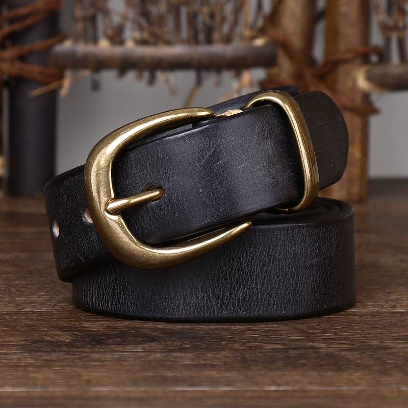 Black men's leather belt with vintage brass buckle