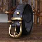 Black men's leather belt buckle close-up