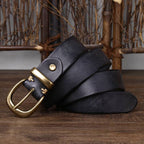 Black men's leather belt coiled, brass buckle
