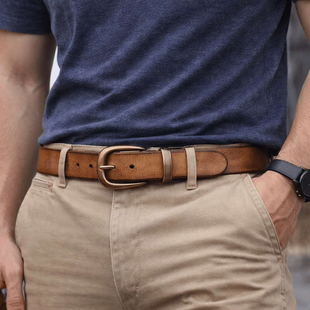 Yellow brown men's leather belt worn with khaki pants