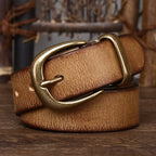 Yellow brown men's leather belt with vintage brass buckle
