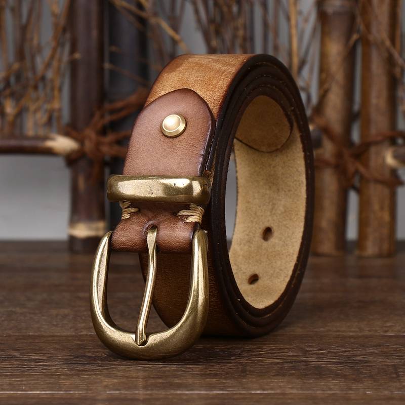 Yellow brown men's leather belt coiled, brass buckle