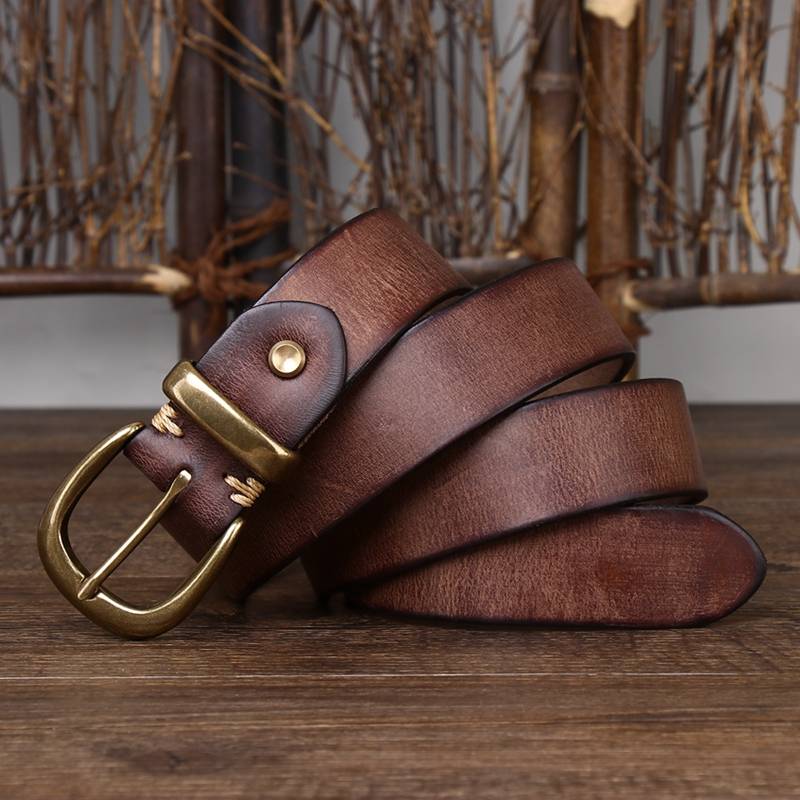 Dark brown men's leather belt with vintage brass buckle