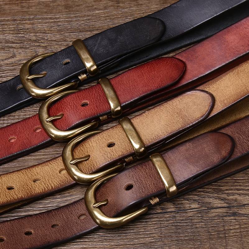Four men's leather belt colors compared, brass buckles