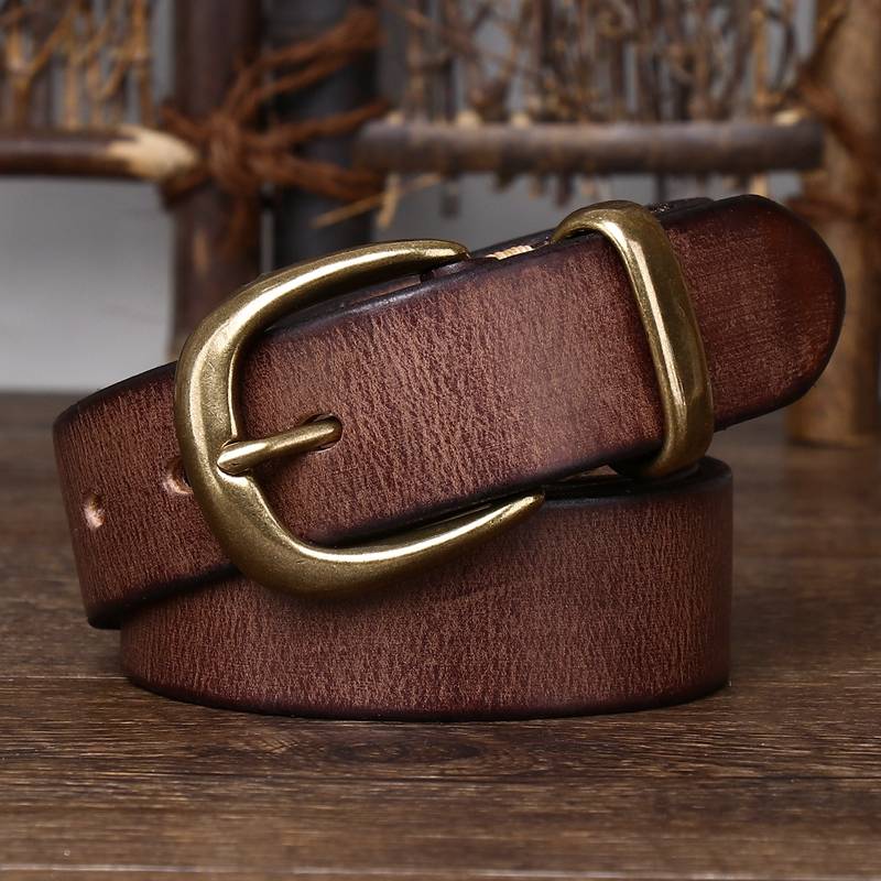 Dark brown men's leather belt with brass buckle detail