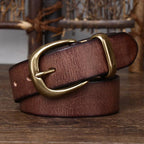 Dark brown men's leather belt with brass buckle detail