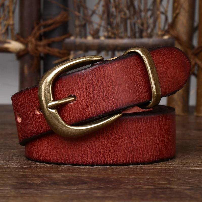 Red men's leather belt with vintage brass buckle
