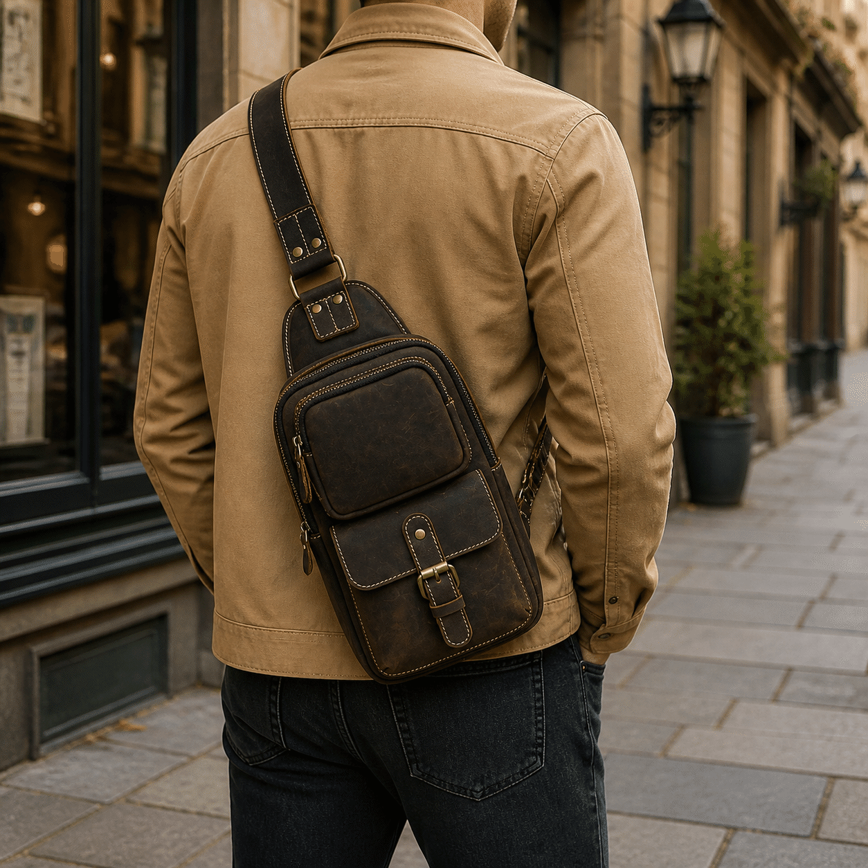 Drover utility sling bag, Dark Brown leather