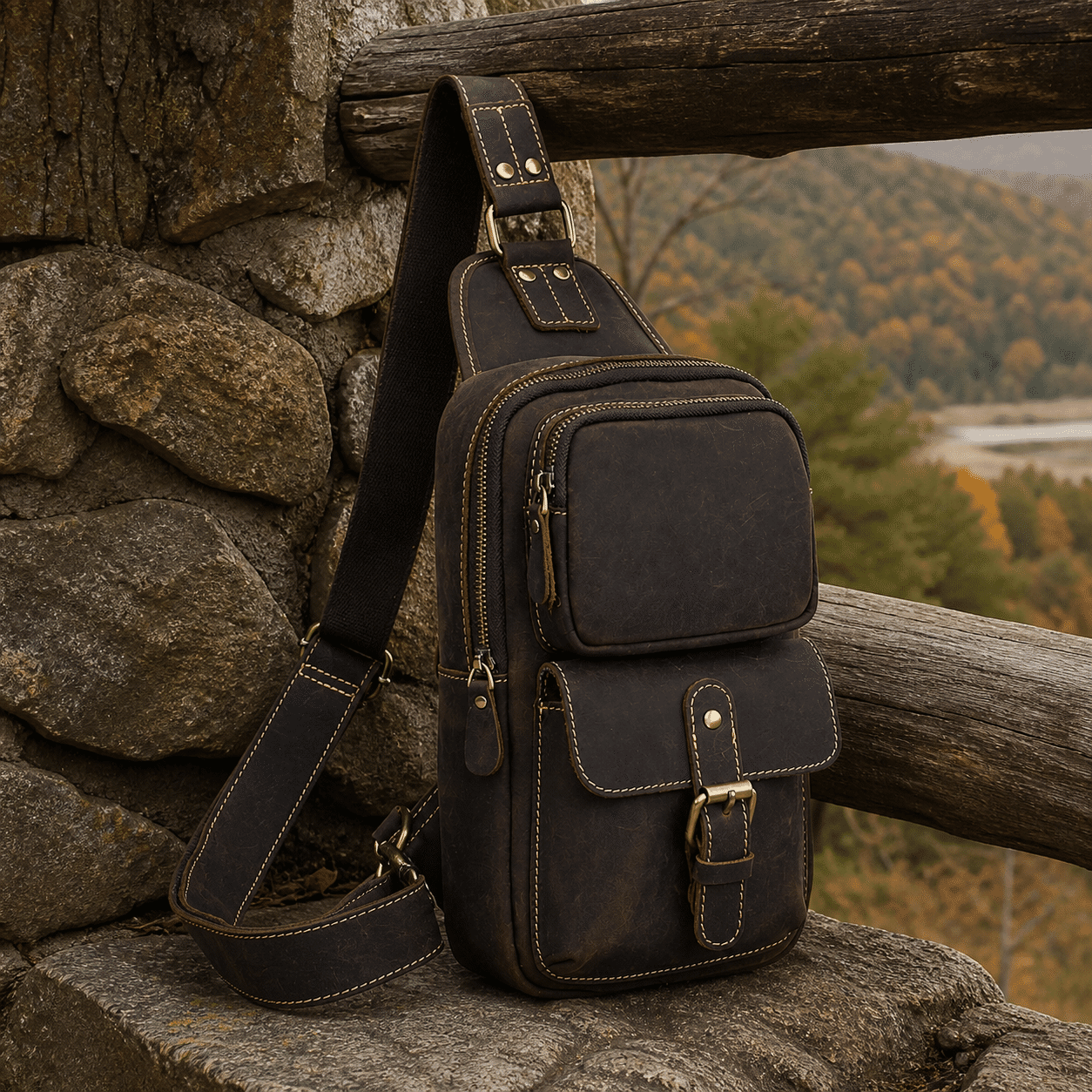 Drover utility sling bag, Dark Brown leather