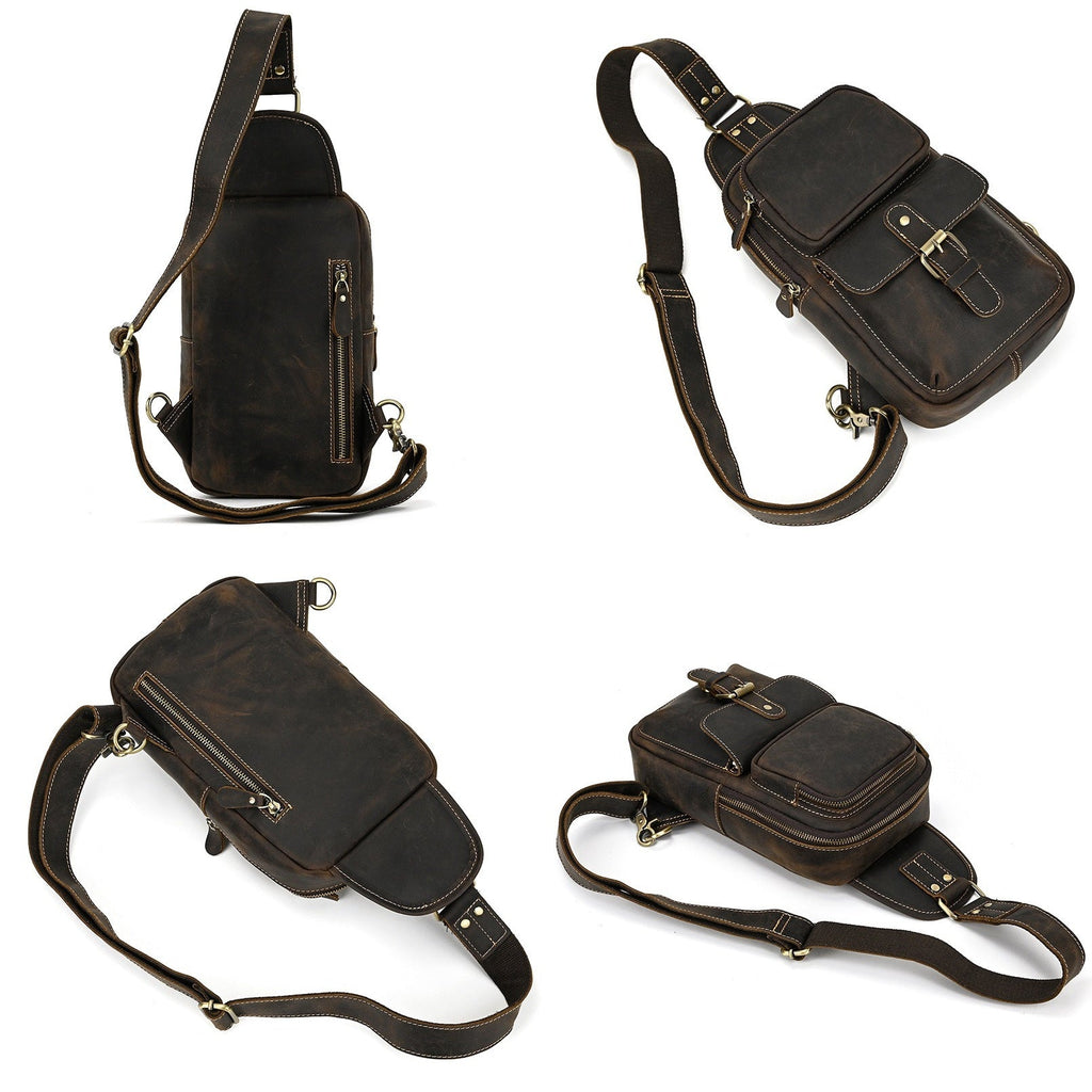 Drover utility sling bag, Dark Brown leather