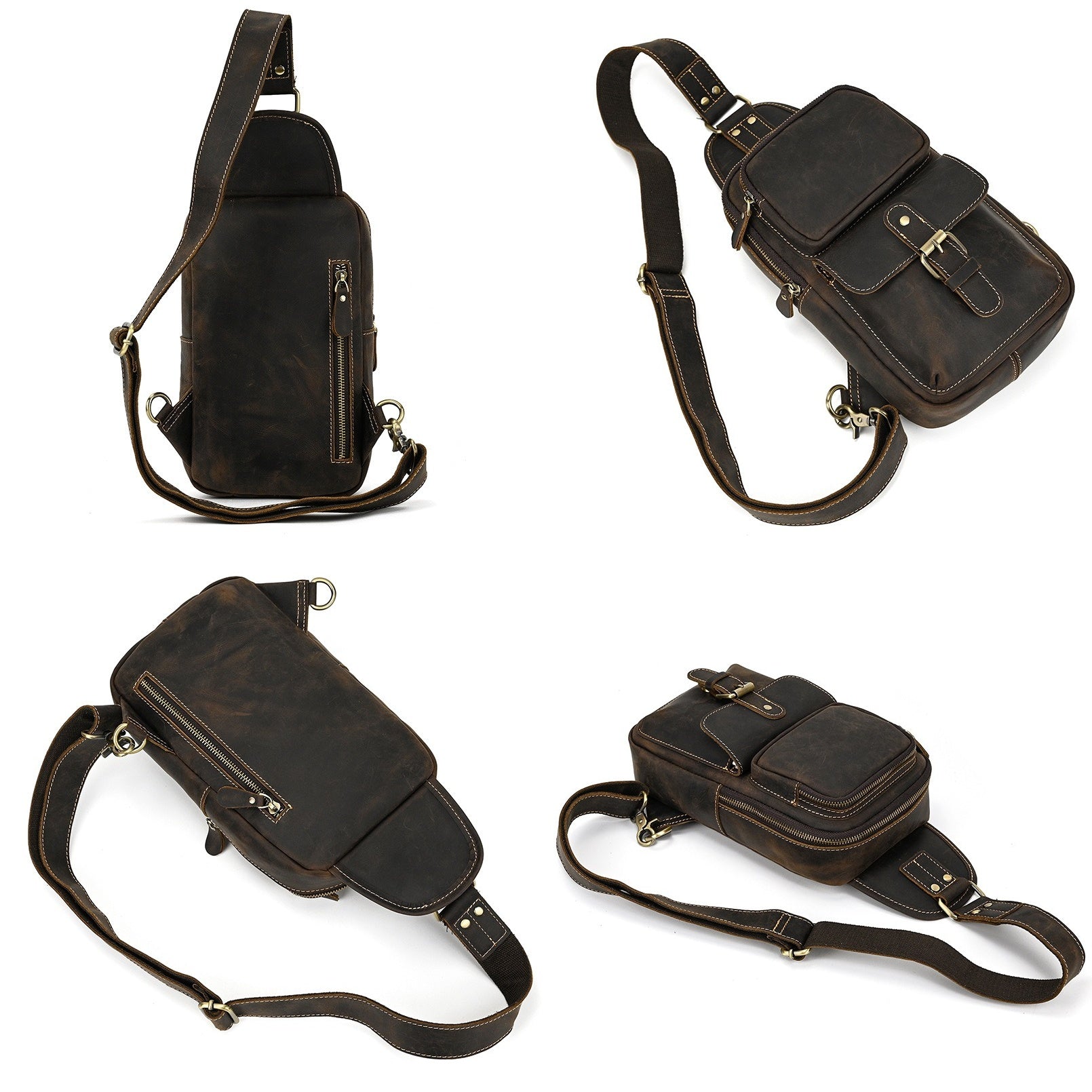 Drover utility sling bag, Dark Brown leather