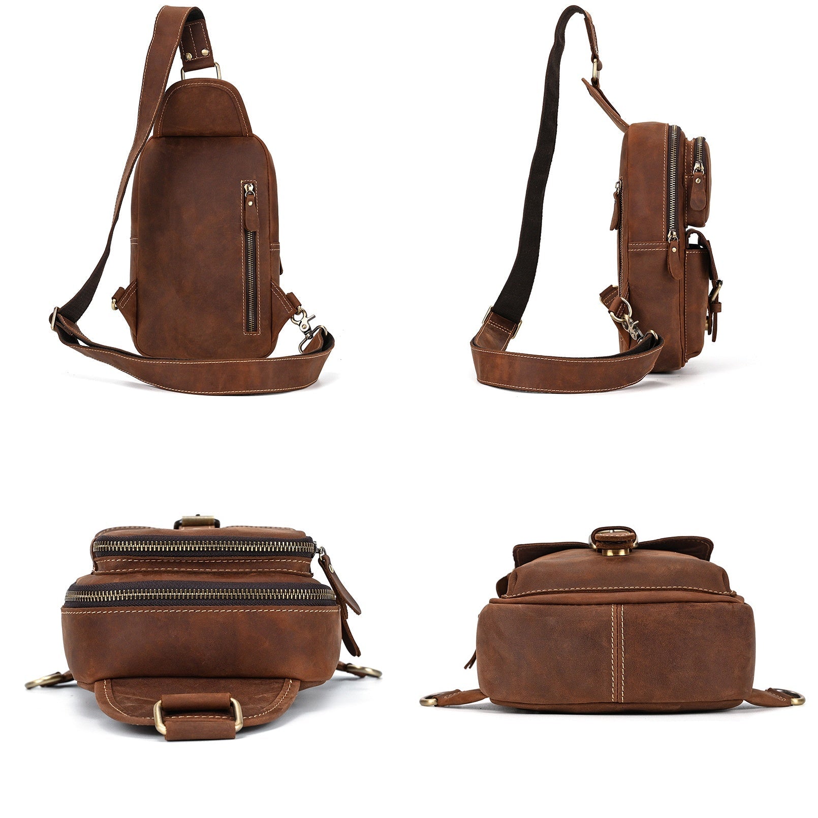 Drover utility sling bag, Red Brown leather