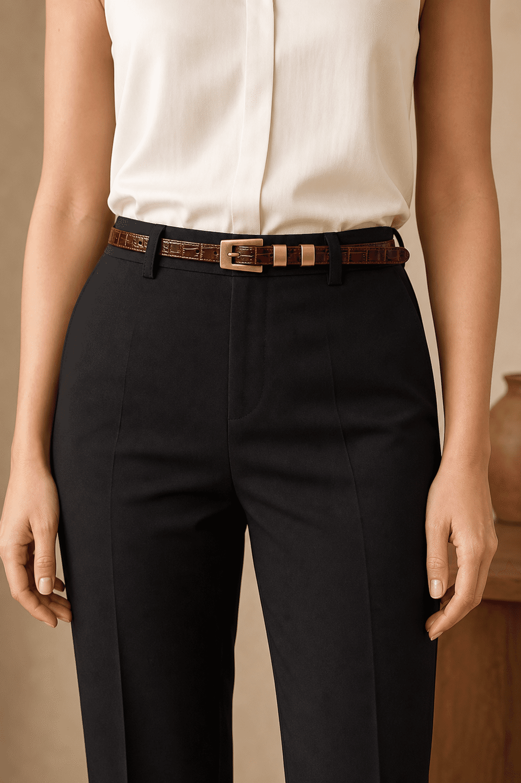 Woman wearing a brown croc-embossed belt