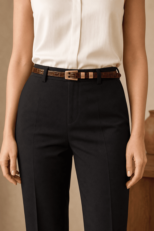 Woman wearing a brown croc-embossed belt