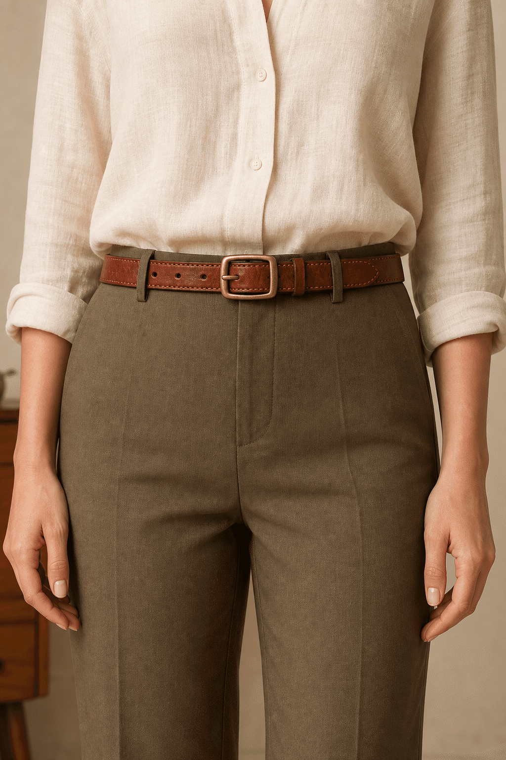 Woman wearing a red brown stitched belt