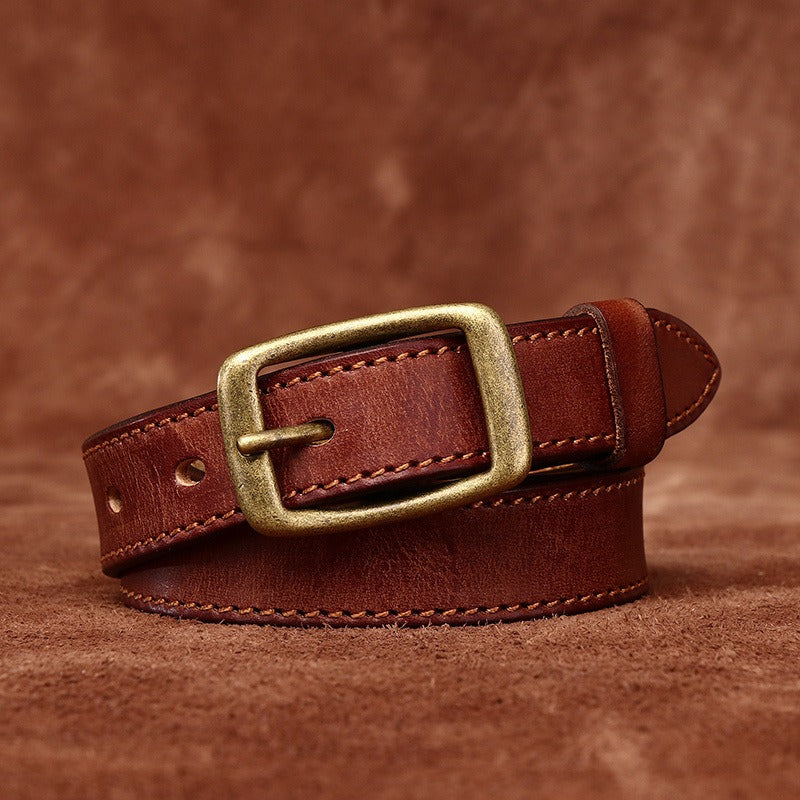 Red brown women's belt, stitching detail