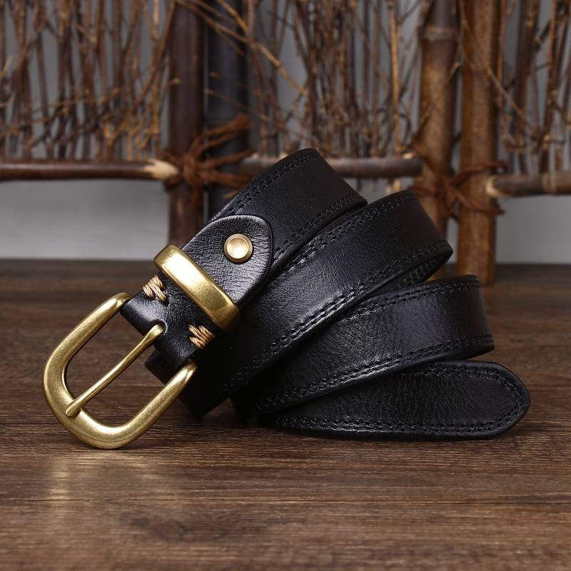 Black women's double stitch leather belt buckle