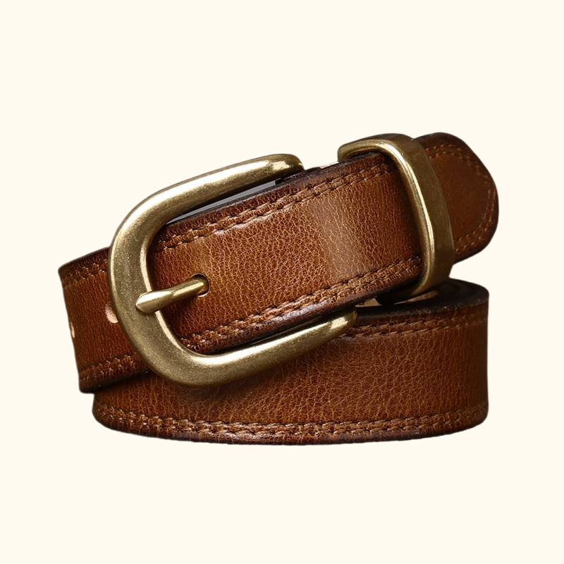 Brown women's double stitch leather belt — main