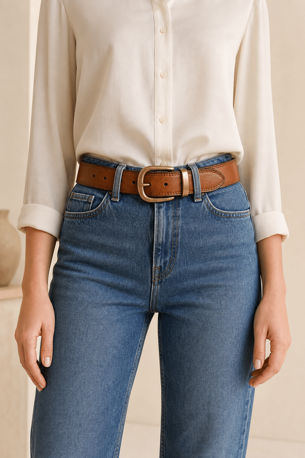 Brown women's double stitch leather belt — model shot