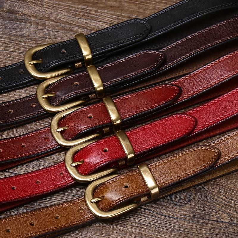 Brown women's double stitch leather belt — detail 3