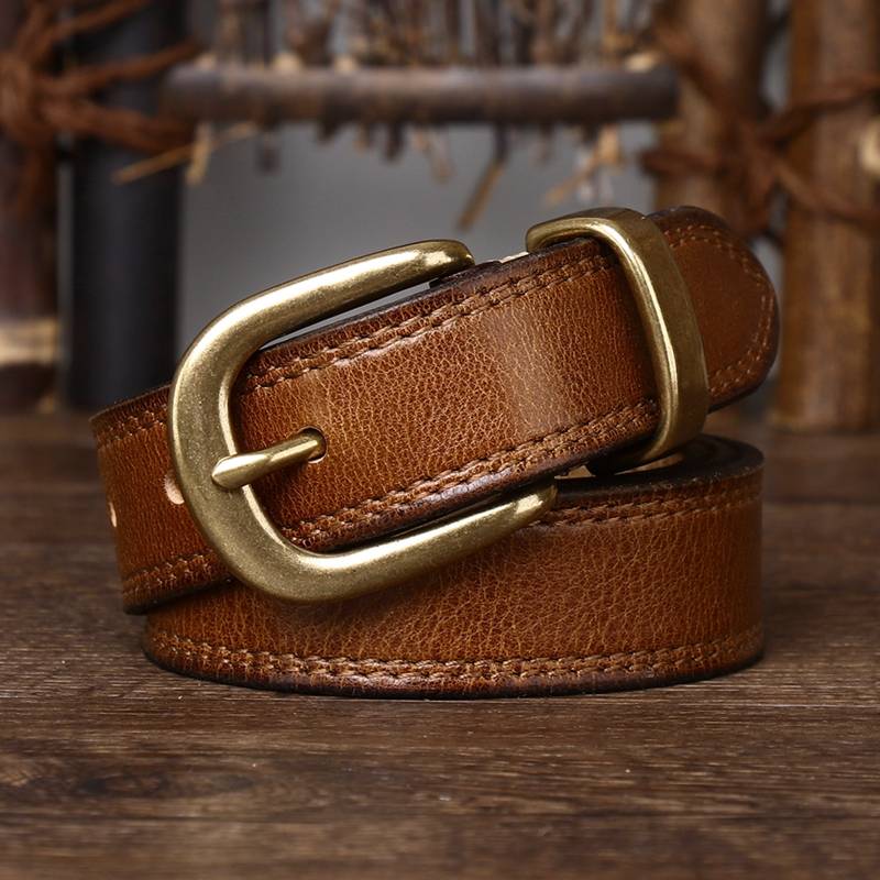 Brown women's double stitch leather belt — detail 4