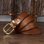 Brown women's double stitch leather belt — detail 5