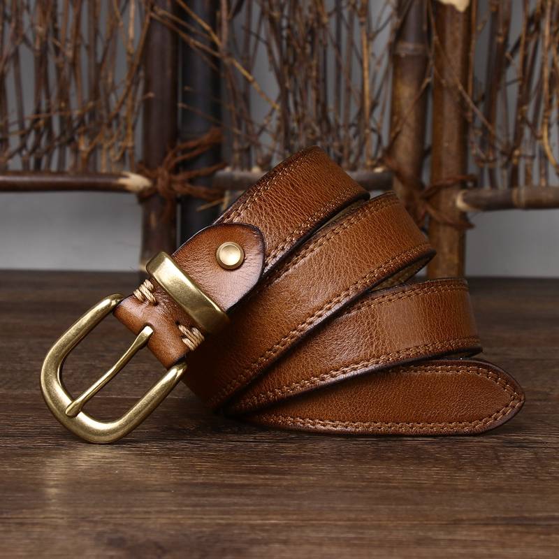 Brown women's double stitch leather belt — detail 5