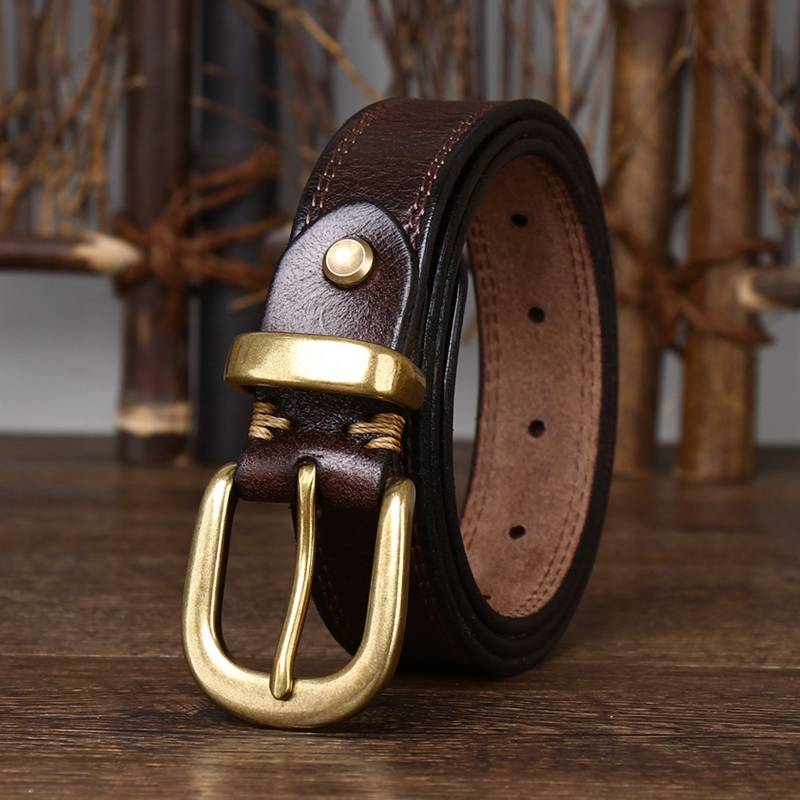 Dark brown women's double stitch leather belt
