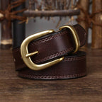 Dark brown women's double stitch leather belt detail