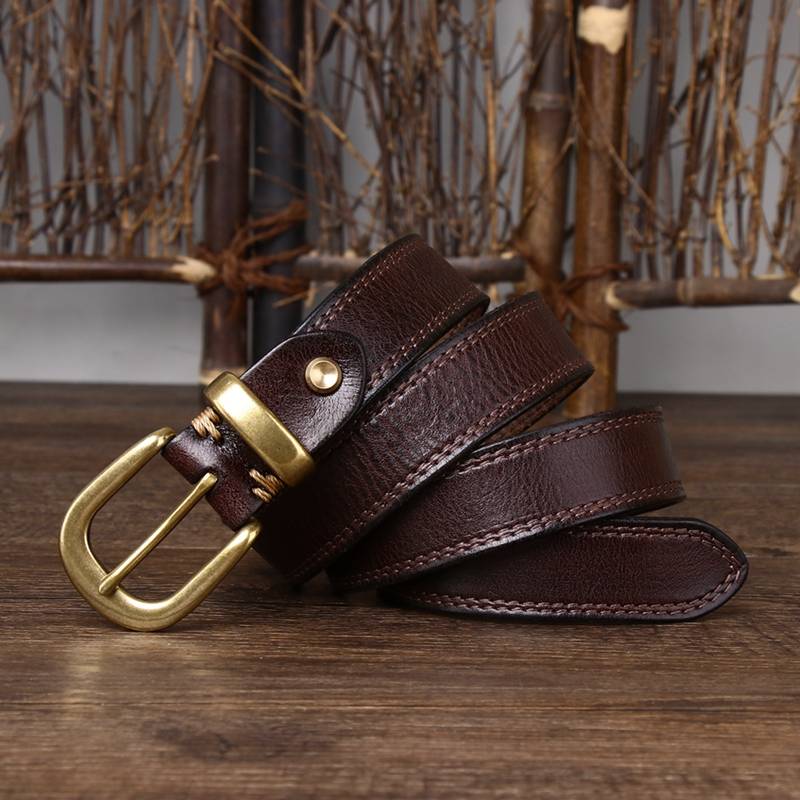Dark brown women's double stitch leather belt buckle