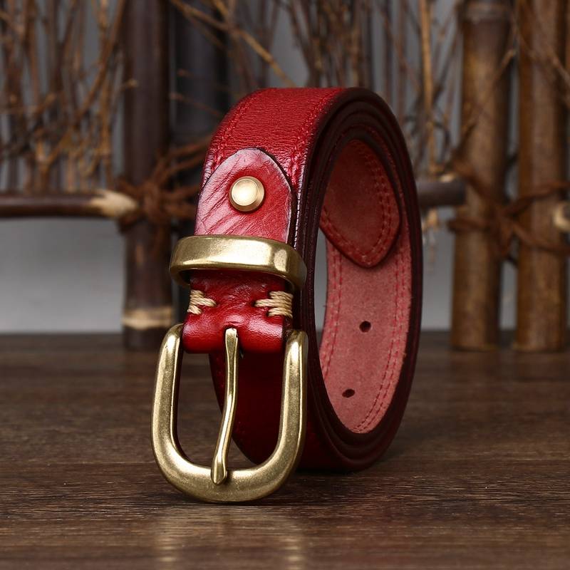 Red women's double stitch leather belt
