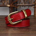 Red women's double stitch leather belt detail