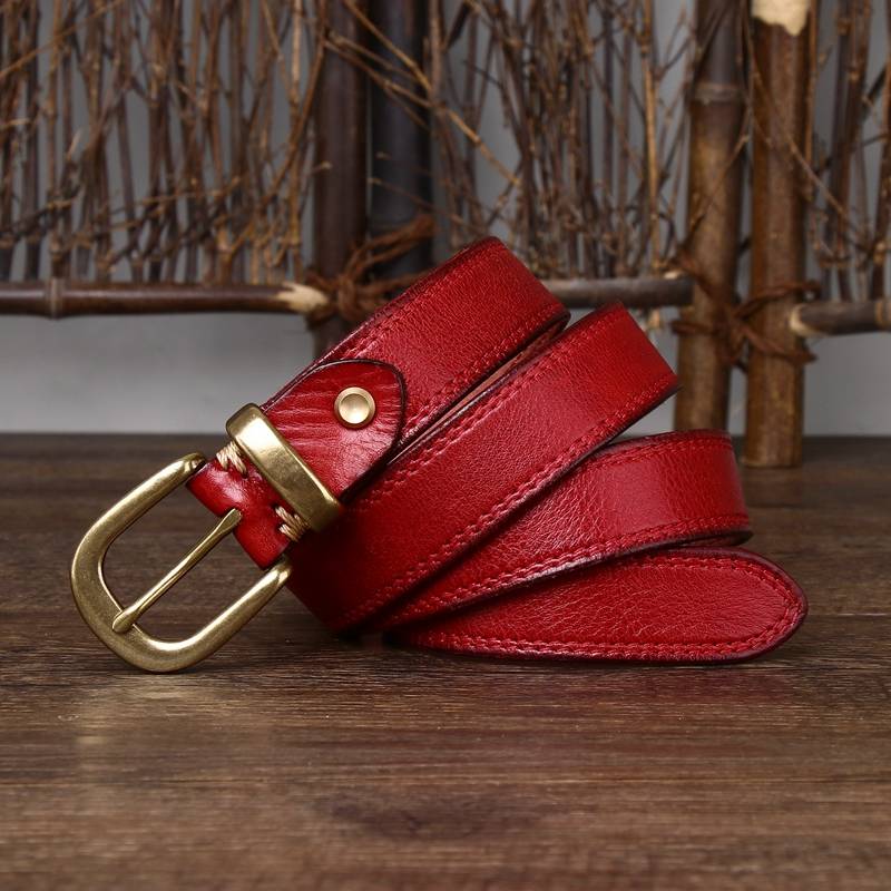 Red women's double stitch leather belt buckle