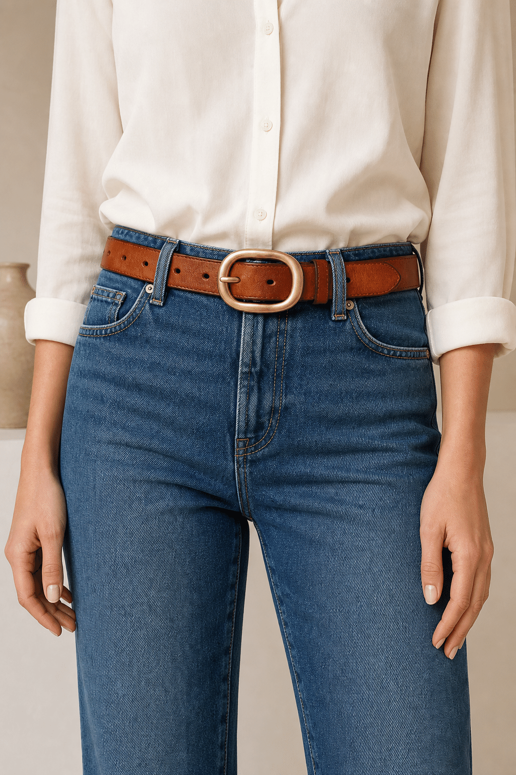 Brown women's fashion leather belt — model shot